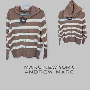 Marc New York Andrew Marc  White Brown Striped Hooded Knit Sweater Women Plus 2x